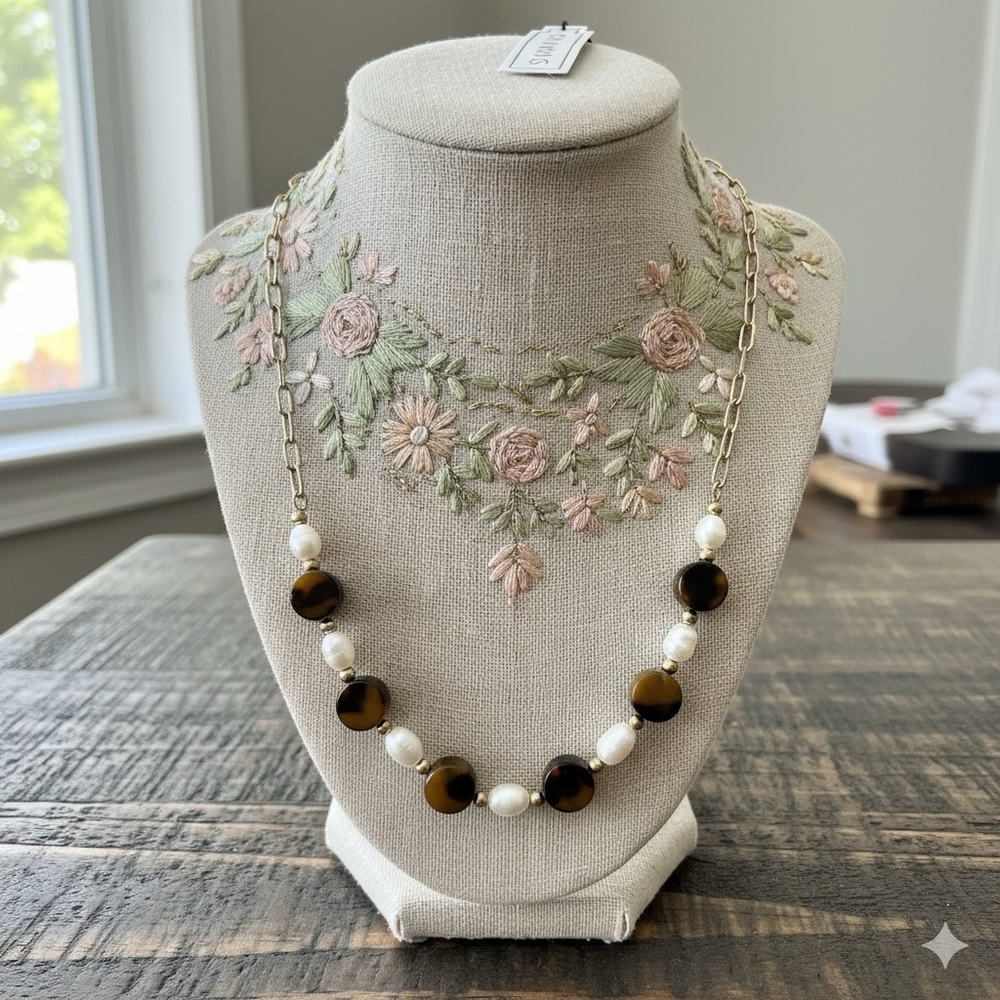 Pearl & Tortoise Shell Style Beaded Necklace 🤎